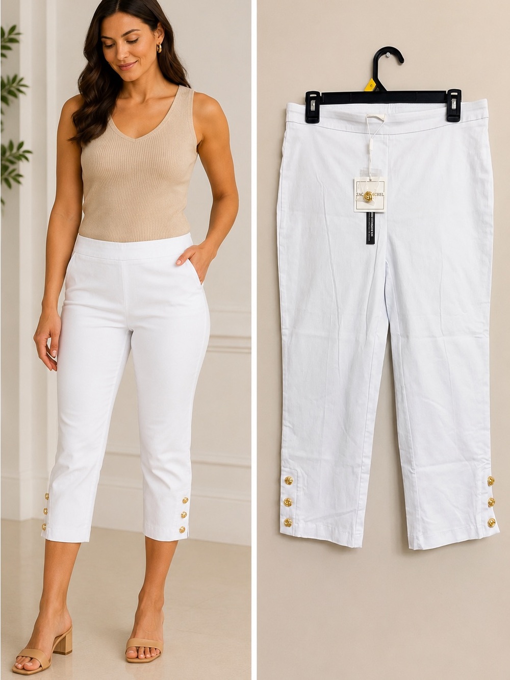 Zac & Rachel White Cropped Pants with Gold Button Hem Size 8 NWT